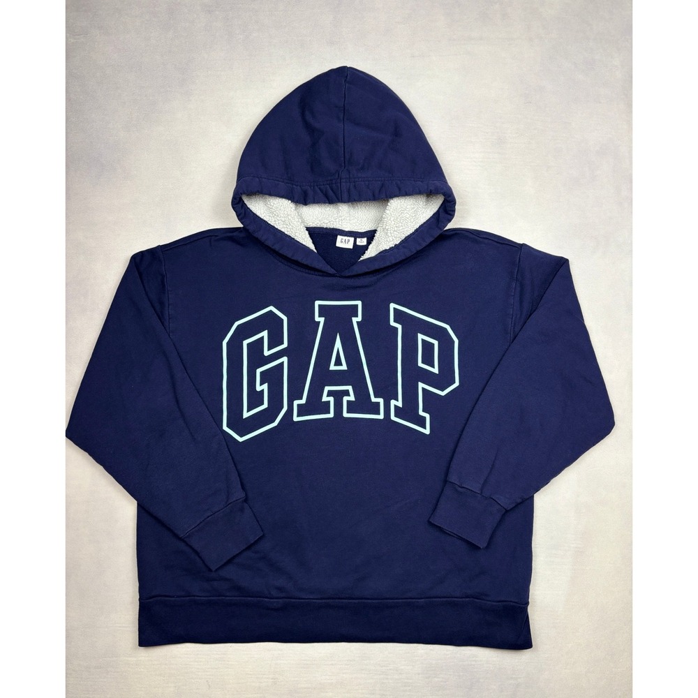 Gap Mens XL Navy Blue Sherpa Lined Hood Logo Pullover Hoodie Sweatshirt